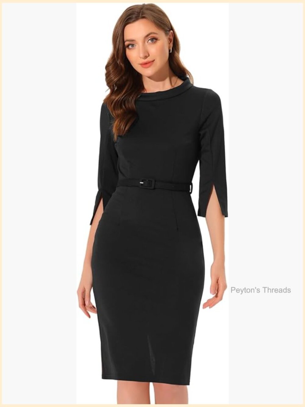 Mock Neck 3/4 Sleeve Belted Sheath Pencil Dress - Office Work Dress
